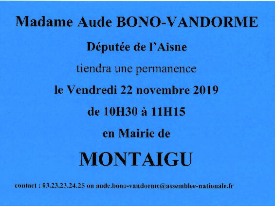 Affiche de la permanence de Madame Aude BONO-VANDORME le 22 novembre 2019 à Montaigu