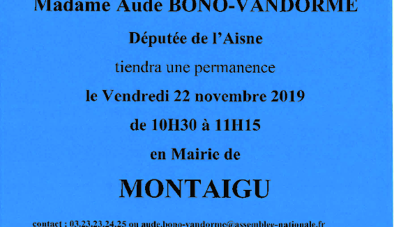 Affiche de la permanence de Madame Aude BONO-VANDORME le 22 novembre 2019 à Montaigu